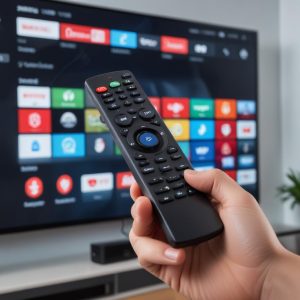A close-up shot of a hand holding a smart TV remote, with an interface showing the SmartTube app icon, surrounded by digital security shields and locks, illustrating the vulnerability and protection aspect.