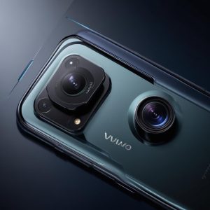 A close-up shot of a smartphone's back, highlighting an elegantly designed camera module with multiple lenses, reflecting a premium finish. Text 