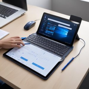 A close-up shot of the Honor Pad 10 being used for work, with a virtual keyboard or a connected physical keyboard, displaying a spreadsheet or document. A charging cable could be subtly visible, emphasizing its long battery life for work.