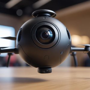 A close-up shot of the Insta360 AntiGravity A1 camera, highlighting its small size and sleek design, possibly attached to a small FPV drone frame. The background is slightly blurred with dynamic FPV flight visuals.