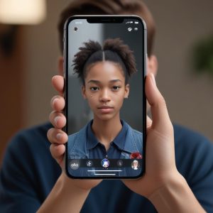 A conceptual image showing a person using an iPhone 17 Pro to take a portrait photo. On the screen, there's a hypothetical user interface element for 