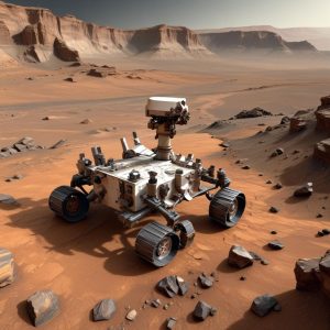 A detailed illustration of NASA's Perseverance rover on the Martian surface, using its robotic arm to analyze a rock, with a backdrop of layered sedimentary rock formations.