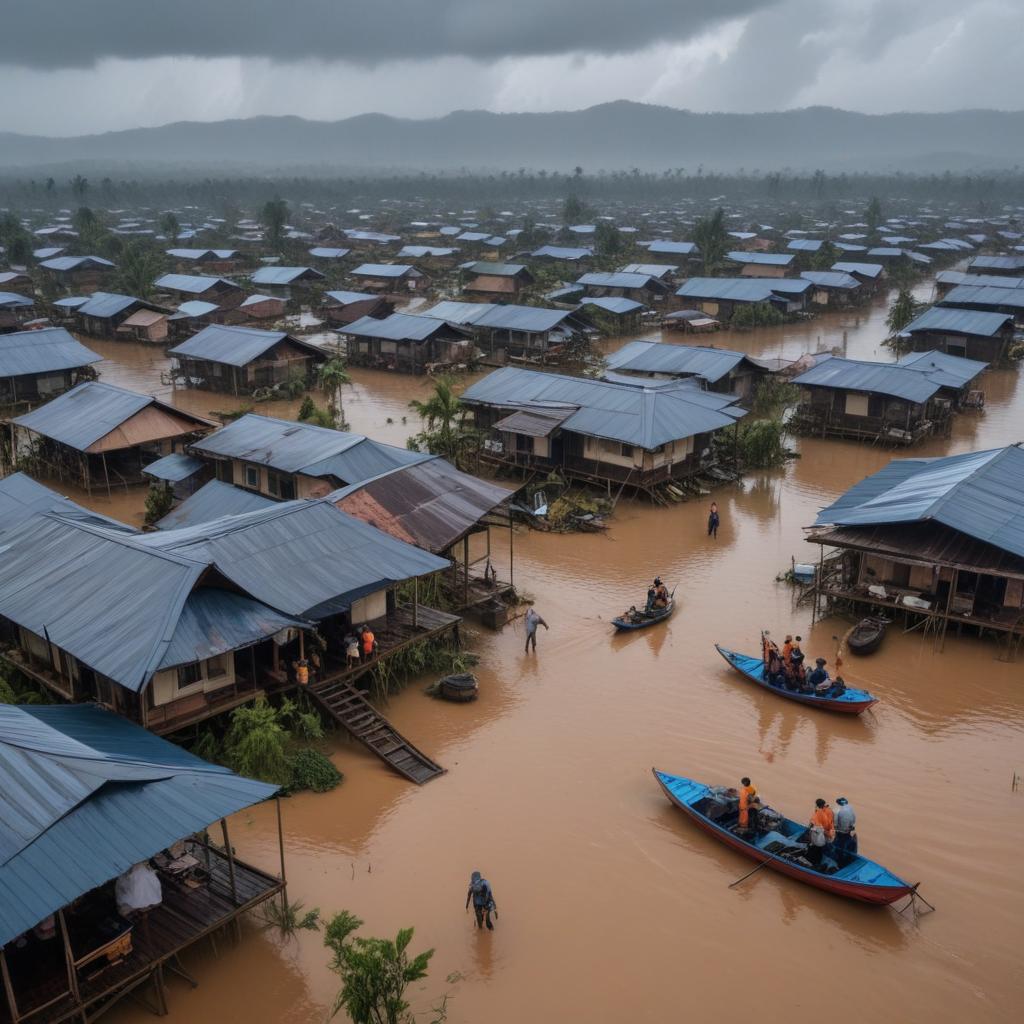 A Flooded Village Scene In Indonesia Showing