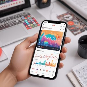 A person happily looking at their phone screen showing colorful charts and album art of their YouTube Music Recap 2025, surrounded by musical notes and abstract technology elements. The phone displays the title 