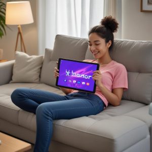 A person happily using the Honor Pad 10 while sitting on a comfortable couch, watching a movie. The tablet is clearly visible, showcasing its large, vibrant screen.