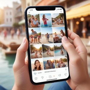 A person looking at a smartphone screen, displaying a personalized photo recap with various memories (vacation, family, friends) seamlessly integrated. The background is slightly blurred to emphasize the phone screen.