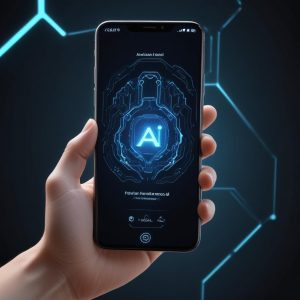 A sleek, modern smartphone design, perhaps with a glowing AI logo. The phone is held by hands, with a futuristic user interface showcasing AI capabilities like content generation or intelligent assistance. Background is subtle tech aesthetic.