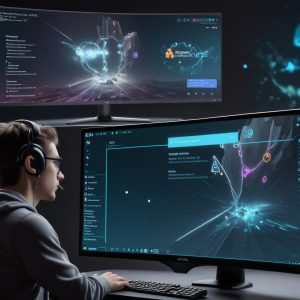 A split image. On one side, a gamer is playing a complex AAA game with stunning ray tracing effects on a high-end monitor, displaying the Windows 11 interface. On the other side, a more abstract representation of a Linux terminal with game code snippets and a Proton icon, symbolizing the underlying technology of SteamOS.