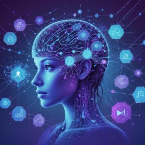 An abstract illustration representing data analysis and artificial intelligence, with neural networks processing various photo icons (landscapes, people, events). The colors are vibrant blues and purples, conveying advanced technology.