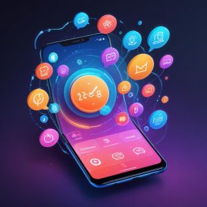 An abstract illustration showing a smartphone with dynamic notification bubbles (Magic Capsule) on the top, displaying various icons like a clock countdown, food delivery status, and a message icon, all in a sleek, futuristic design. The background should be soft, glowing tech lines.