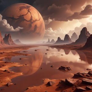 An artistic rendering of ancient Mars with a thick atmosphere, clouds, rain falling, and rivers/lakes on the surface, evoking a tropical, Earth-like climate.