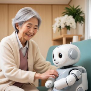 An elderly Japanese woman smiling gently, interacting with a fluffy robot pet (like Paro) in a brightly lit, modern care home setting. The robot is on her lap.