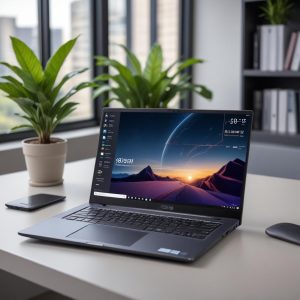 An elegant, professional shot of the ASUS ExpertBook P5 laptop open on a modern desk in a well-lit office environment. The screen displays a business dashboard with AI-driven analytics. A cup of coffee and a minimalistic plant are next to it.