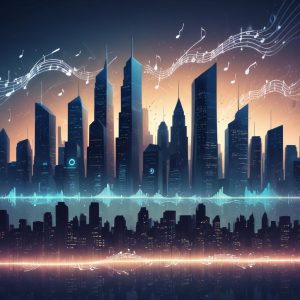 An illustration depicting a futuristic city skyline with music notes and sound waves emanating from buildings, symbolizing the advanced technology of music streaming services in 2025.