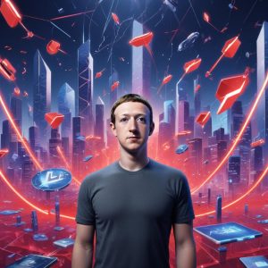An illustration of Mark Zuckerberg standing in a futuristic, vibrant metaverse landscape with various digital avatars around him, but with a slight melancholic expression, surrounded by floating dollar signs turning into red down arrows, symbolizing financial losses. The background shows advanced VR headsets and a digital cityscape.