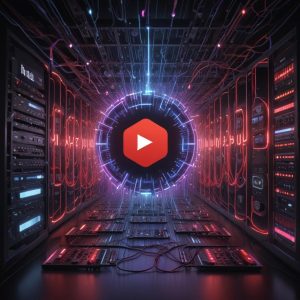 An illustration of YouTube Music's backend, showing flowing data streams, server racks, and a stylized 