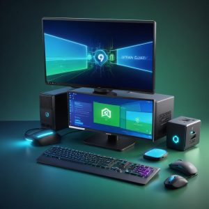 An illustration of a stylized Steam Deck device on one side and a sleek, modern gaming PC with a monitor displaying Windows 11 UI on the other, connected by a diverging path representing OS choices. The background is a gradient of blue and green, symbolizing the different operating systems.