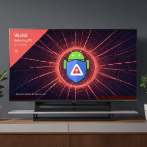 An illustration of an Android TV screen displaying a warning message about malware, with a Google logo in the corner, symbolizing rapid action against threats. The background shows abstract network security elements.