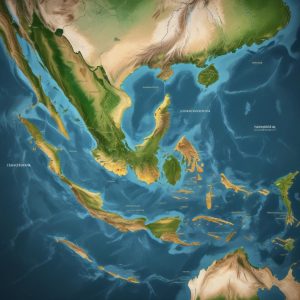 An intricate digital map of Indonesia overlaid with various data points like population density, infrastructure, and environmental zones, depicting the concept of GIS as a strategic technology for national digitalization.