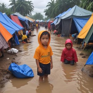 Anak-anak sedang bermain dan belajar di dalam sebuah tenda posko pemulihan trauma yang cerah dan berwarna-warni di tengah latar belakang desa pasca-banjir di Sumatera. Ada seorang relawan Komdigi yang tersenyum sedang mendampingi mereka, dengan beberapa tablet terlihat di meja.