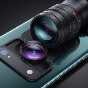 Close-up of a smartphone camera system, showing multiple lenses (main, ultra-wide, telephoto periscope) with advanced optical elements and an AI processing icon.