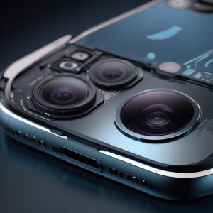 Close-up of an iPhone 17 Pro camera module with a sleek, futuristic design, highlighting multiple lenses and sensors. The background is a subtle, abstract blur, suggesting advanced depth capabilities.