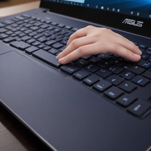 Close-up shot of the ASUS ExpertBook P5's keyboard showcasing the ErgoSense design and a clear view of the touchpad. A subtle glowing indicator on the power button suggests an AI feature. The background is softly blurred, focusing on the keyboard.