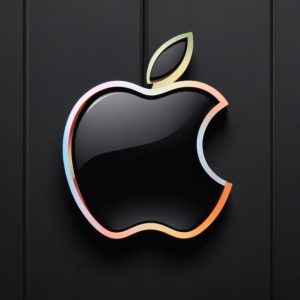 Dua tangan yang berjabat tangan, satu dengan logo Apple dan satu lagi dengan logo Intel, di atas latar belakang pabrik semikonduktor modern yang dipenuhi peralatan canggih dan wafer silikon. Menggambarkan kemitraan.