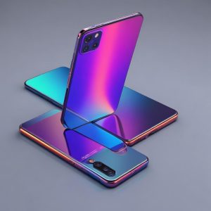 Futuristic smartphone render, sleek design with thin bezels, metallic frame, and a refined camera module on the back. The screen displays vibrant colors.