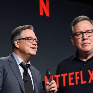 Grafik batang yang menunjukkan pertumbuhan pelanggan Netflix vs kompetitor lain, dengan batang Netflix yang melesat tinggi setelah akuisisi Warner Bros Discovery. Terdapat siluet Ted Sarandos dan David Zaslav di samping grafik.