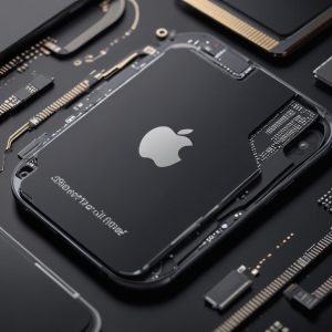 Ilustrasi chip iPhone yang didesain Apple, dengan logo Apple Silicon, tetapi dengan lambang Intel yang samar di latar belakang, menyiratkan kolaborasi produksi. Gaya futuristik, dengan jalur sirkuit yang rumit.