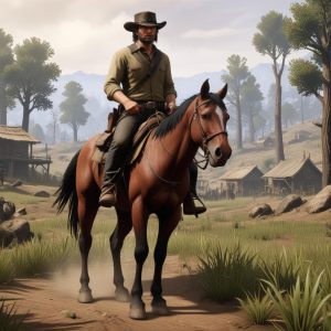 John Marston menunggang kuda di padang rumput Wild West dengan latar belakang pegunungan, sedang menatap matahari terbenam. Gaya seni ikonik Red Dead Redemption.
