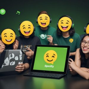 Sekelompok orang muda yang ceria sedang menatap layar tablet atau laptop bersama, menunjukkan antarmuka Spotify Wrapped Party yang interaktif. Emoji dan reaksi virtual ditampilkan di sekitar mereka, dengan elemen Spotify Clubs terlihat di layar.