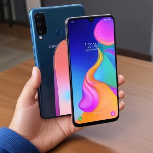 Seorang individu sedang melihat layar smartphone Samsung Galaxy A07 dengan tampilan antarmuka yang bersih, menunjukkan stabilitas dan kemudahan penggunaan. Latar belakang menunjukkan diagram harga yang stabil dibandingkan dengan grafik harga yang fluktuatif di pasar.