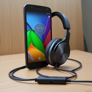 Seorang pengguna sedang mendengarkan musik menggunakan headphone dengan kabel yang terhubung ke port jack 3.5mm di Moto G57 Power, dengan efek visual gelombang suara Dolby Atmos di latar belakang yang berwarna-warni.
