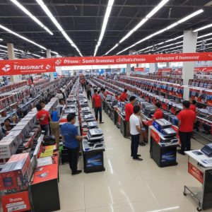 Suasana ramai di Transmart Full Day Sale, banyak pengunjung antusias melihat-lihat produk elektronik. Sebuah spanduk besar bertuliskan 