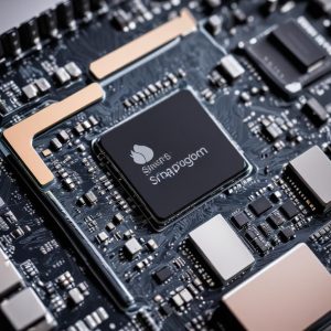 Tampilan close-up dari chipset Snapdragon 6s Gen 4, dengan detail microchip dan jalur sirkuit, di atas latar belakang motherboard smartphone yang kompleks, menunjukkan performa tinggi.
