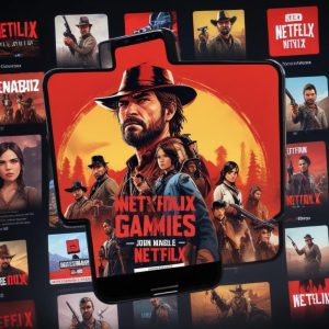 Tampilan layar ponsel yang menampilkan gameplay RDR Mobile, menunjukkan antarmuka sentuh yang dioptimalkan dan grafis yang tajam. Logo Netflix Games terlihat di sudut.